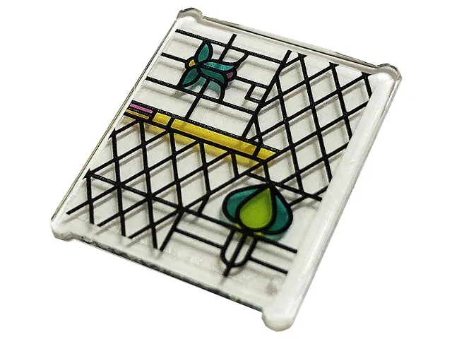 Glass for Window 1 x 3 x 3 Flat Front with Dark Pink, Dark Turquoise, Lime and Yellow Stained Glass and Black Lattice Pattern (Sticker) - Set 75980