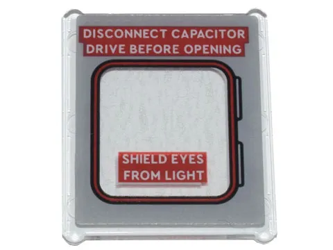 Glass for Window 1 x 3 x 3 Flat Front with Flux Capacitor Door and Red 'DISCONNECT CAPACITOR DRIVE BEFORE OPENING' and 'SHIELD EYES FROM LIGHT' Pattern (Sticker) - Set 10300