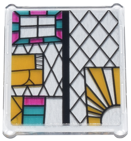 Glass for Window 1 x 3 x 3 Flat Front with Black, Bright Light Orange, Dark Turquoise, and Magenta Stained Glass Pattern 5 (Sticker) - Set 76437