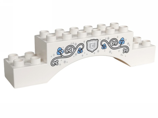 Duplo, Brick 2 x 10 x 2 Arch with Silver Vines with Leaves, Bright Light Blue Flowers and 'C' in Shield Pattern