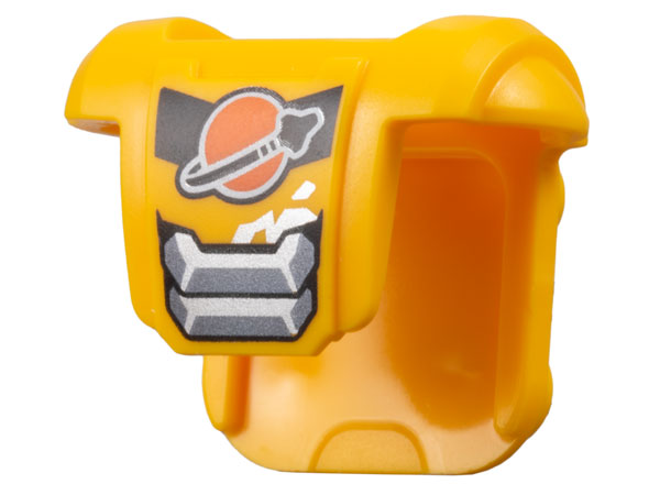 Minifigure Armor Breastplate with Shoulder Pads, 4 Studs on Back with Reddish Orange and Black Classic Space Logo and Silver Armor Plates Pattern