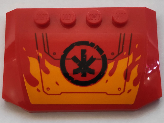 Wedge 4 x 6 x 2/3 Triple Curved with Bright Light Orange Flames, Hull Plates with Rivets, and Black Ninjago Logogram Letter K in Circle Pattern (Sticker) - Set 70675