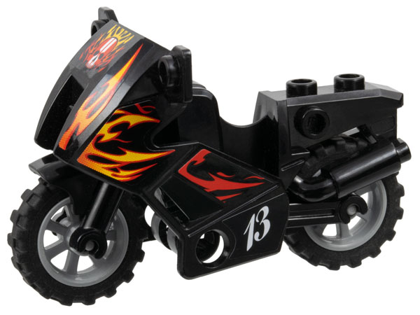 Motorcycle City with Black Chassis, Light Bluish Gray Wheels, and Fairing with Red and Yellow Flames and White '13' Pattern (Stickers) - Set 8896