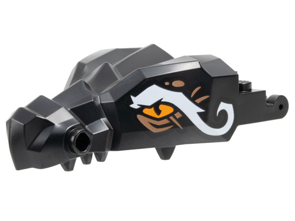Dragon Head (Ninjago) Jaw Upper with Horns with Studs on Sides of Snout with Orange Eyes, White Eyebrows, Medium Nougat Spots and Trim Pattern