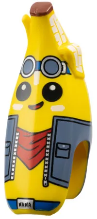 Minifigure, Head, Modified Peeled Banana with Face, Black Eyes, White Spots, Sand Blue Goggles and Jacket with Silver Zipper, Red Bandana, Reddish Brown Top and Blue Belt with 'NANA' on Buckle Pattern