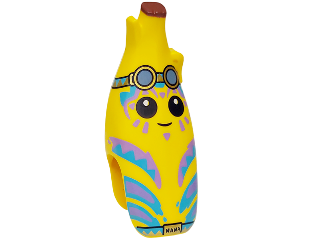 Minifigure, Head, Modified Peeled Banana with Face, Black Eyes, Medium Azure and Medium Lavender Stripes, Sand Blue Goggles with Gold Rims, Reddish Brown Top and Belt with 'NANA' on Buckle Pattern
