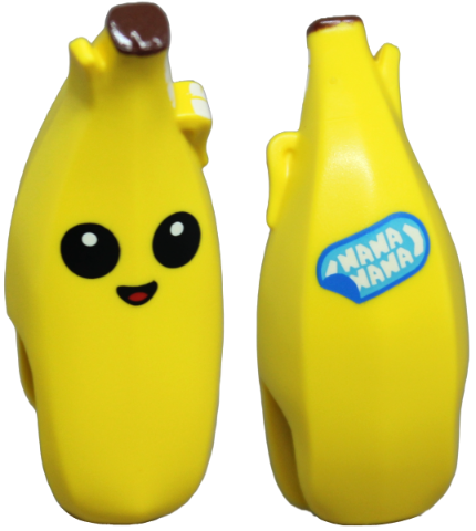 Minifigure, Head, Modified Peeled Banana with Face, Black Eyes, Open Mouth, Reddish Brown Top and 'NANA NANA' Label on Back Pattern