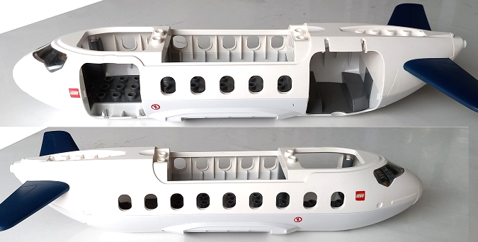 Duplo Airplane Large Fuselage with Very Light Bluish Gray Lower Section, Dark Bluish Gray Inner Base and Dark Blue Horizontal Tail with LEGO Logo and Red People Prohibited Sign Pattern on Both Sides (Stickers) - Sets 7840 / 7843