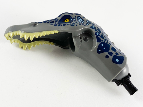Dinosaur Head Baryonyx with Pin, Tan Teeth, Dark Blue and Metallic Light Blue Spots Pattern