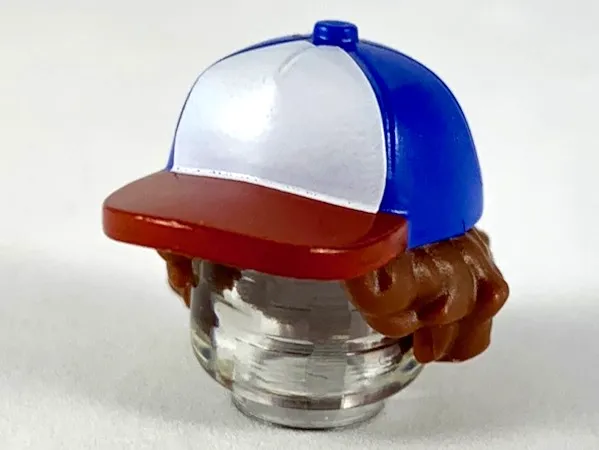 Minifigure, Hair Combo, Hair with Hat, Bushy Hair with Blue Ball Cap with White Front and Red Bill Pattern