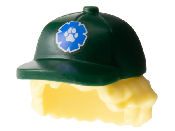 Minifigure, Hair Combo, Hair with Hat, Bushy Hair with Dark Green Ball Cap with Blue Patch with White Paw Pattern