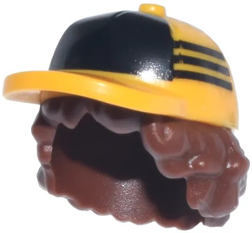 Minifigure, Hair Combo, Hair with Hat, Bushy Hair with Molded Bright Light Orange Ball Cap with Printed Black Stripes and Front Panel Pattern
