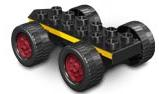 Duplo Car Base 2 x 6 with Four Black Wheels and Dark Red Hubs with Yellow Stripes Pattern