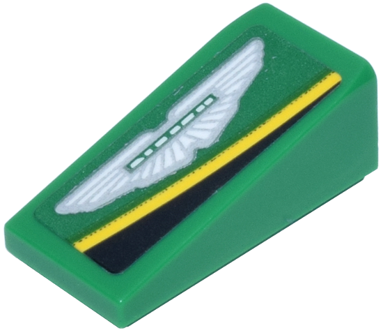 Slope 18 2 x 1 x 2/3 with White and Light Bluish Gray Aston Martin Wings Logo and Yellow and Black Lines Pattern Model Left Side (Sticker) - Sets 76925 / 77245