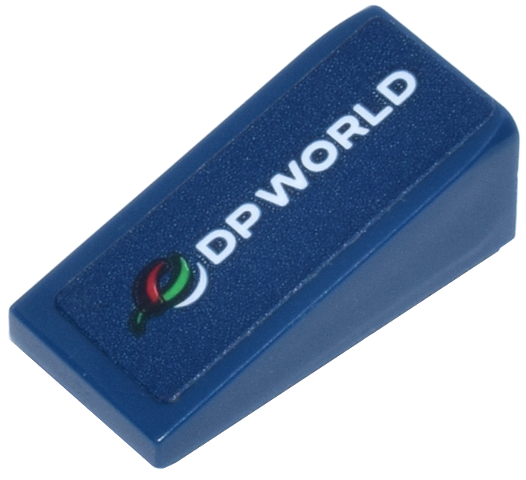 Slope 18 2 x 1 x 2/3 with White 'DP WORLD' and Logo Pattern Model Left Side (Sticker) - Set 77251