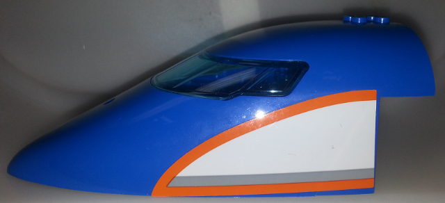 Aircraft Fuselage Forward Top Curved 8 x 16 x 5 with Trans-Light Blue Glass with Orange, Light Bluish Gray, White Pattern on Both Sides (Stickers) - Set 60104