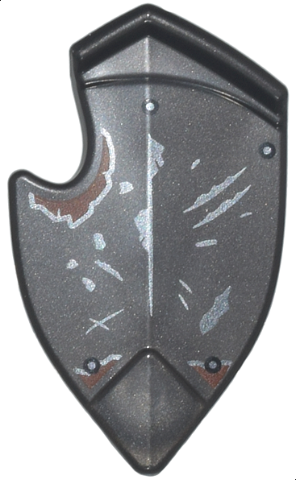 Minifigure, Shield Broad Pointed Bottom and Cutout Corner with Dark Silver Scratches and Rivets and Reddish Brown Rust Pattern