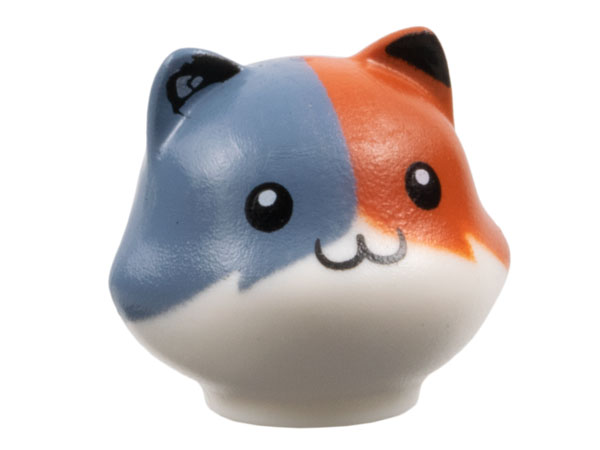 Minifigure, Head, Modified Cat, Calico with Dark Orange Left Side, Sand Blue Right Side and Black Auricles, Eyes and Nose Pattern
