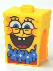 Minifigure, Head, Modified SpongeBob SquarePants with Open Mouth Smile Large and Blue Lei Pattern