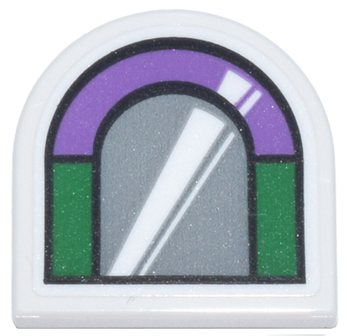 Tile, Round 2 x 2 Half Circle Extended with Black, Green, and Medium Lavender Window Frame with Silver Window and White Reflection Pattern (Sticker) - Set 76437