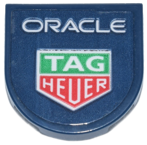 Tile, Round 2 x 2 Half Circle Extended with White 'ORACLE' and Bright Green and Red 'TAG HEUER' Shield Logo Pattern (Sticker) - Set 77243