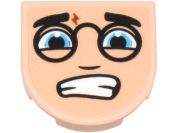 Tile, Round 2 x 2 Half Circle Extended with Black Eyebrows and Round Glasses, Eyes, Lightning Bolt Scar, Scared Open Mouth with Teeth Pattern (Harry Potter Face) (Sticker) - Set 76470