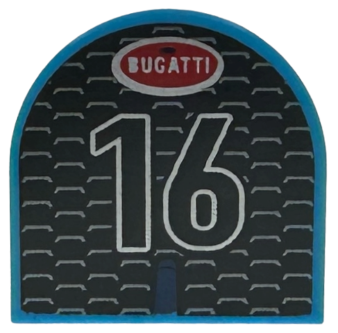 Tile, Round 2 x 2 Half Circle Extended with Black Car Grille with Red and Silver Oval Bugatti Logo and '16' Pattern