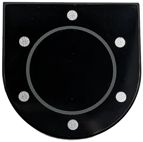 Tile, Round 2 x 2 Half Circle Extended with Dark Bluish Gray Circle and Silver Dots Pattern