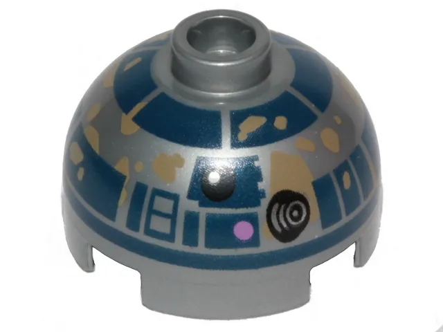 Brick, Round 2 x 2 Dome Top with Small Dark Pink Dots and Dark Blue with Dark Tan Dirt Stains Around Dome and on Top Panels Pattern (R2-D2)