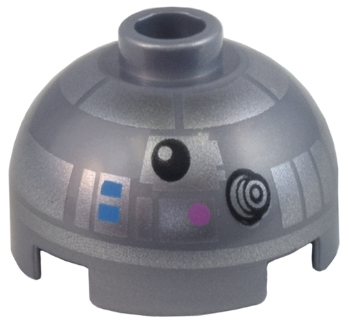 Brick, Round 2 x 2 Dome Top with Dark Pink Dots, Dark Azure Rectangles, and Silver Panels Pattern (R2-BHD)