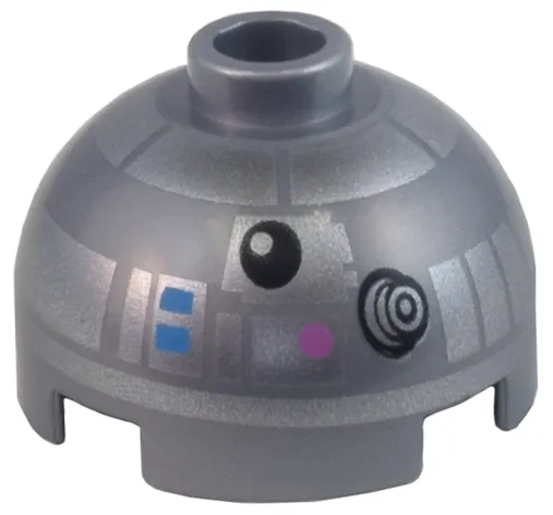 Brick, Round 2 x 2 Dome Top with Dark Pink Dots, Dark Azure Rectangles, and Silver Panels Pattern (R2-BHD)