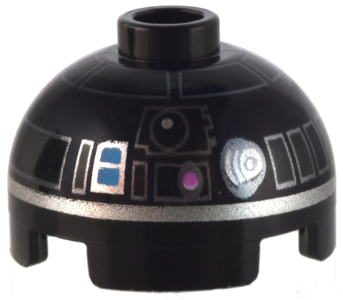 Brick, Round 2 x 2 Dome Top with Silver Lines and Bright Pink and Medium Azure Buttons Pattern (R2-E6)