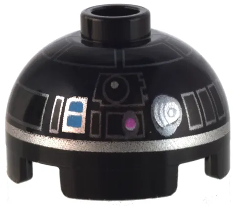 Brick, Round 2 x 2 Dome Top with Silver Lines and Bright Pink and Medium Azure Buttons Pattern (R2-E6)