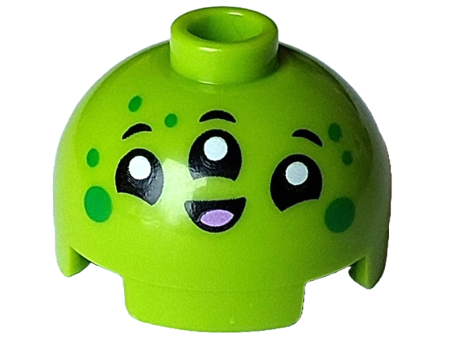 Brick, Round 2 x 2 Dome Top with Alien Face with 3 Black Eyes and Mouth, White Pupils, Medium Lavender Tongue and Green Spots Pattern