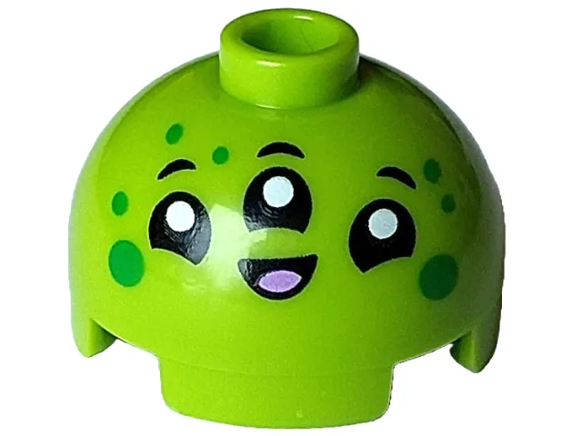 Brick, Round 2 x 2 Dome Top with Alien Face with 3 Black Eyes and Mouth, White Pupils, Medium Lavender Tongue and Green Spots Pattern