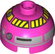Brick, Round 2 x 2 Dome Top with Black and Yellow Danger Strips Around Dome, Photoreceptor, Silver Panels and Pink Dots Pattern (QT-KT)