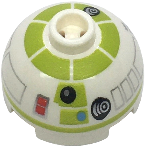 Brick, Round 2 x 2 Dome Top with SW Astromech Droid Lime Panels and Band Around Dome, Medium Blue Dot, Red Rectangles Pattern