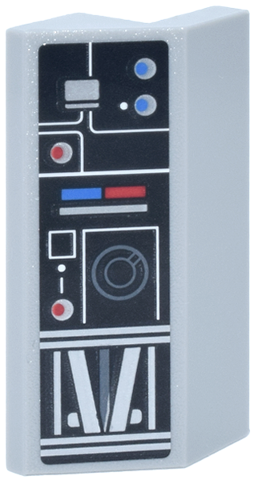 Slope 45 2 x 4 with Cutout without Studs with Black Control Panel, White and Silver Angled Lines, Dark Bluish Gray Dial, Red and Blue Buttons Pattern (Sticker) - Set 75419