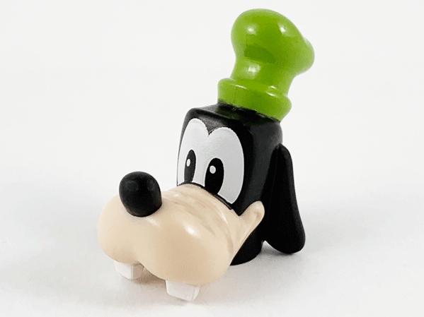 Minifigure, Head, Modified Dog with Light Nougat Muzzle, White Eyes, Buck Teeth and Lime Hat Pattern (Goofy)