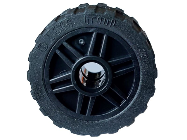 Wheel 18mm D. x 14mm with Pin Hole, Fake Bolts and Shallow Spokes with Black Tire 24 x 14 Shallow Tread, Band Around Center of Tread (55981 / 89201)