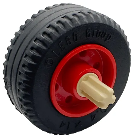 Wheel 18mm D. x 14mm with Pin Hole, Fake Bolts and Shallow Spokes with Black Tire 30.4 x 14 Solid and Tan Technic, Axle 1L with Pin without Friction Ridges with Round Hole (55981 / 58090 / 3749)