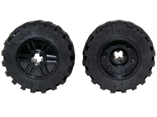 Wheel 18mm D. x 14mm with Axle Hole, Fake Bolts and Shallow Spokes with Black Tire 30.4 x 14 Offset Tread Band Around Center of Tread (55982 / 92402)