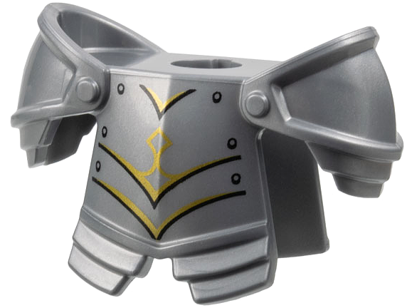 Minifigure Armor Breastplate with Leg Protection and Large Round Shoulder Pads with Gold Trim, Black Panel Lines and Rivets Pattern