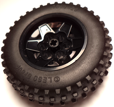 Wheel 43.2mm D. x 26mm Technic Racing Small, 6 Pin Holes with Black Tire 75.1 x 28 Spiky Tread (56908 / 69909)