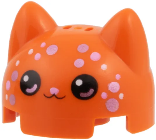 Brick, Round 2 x 2 x 1 1/3 Dome Top with Cat Ears with White and Metallic Pink Spots, Black Eyes and Mouth, Bright Pink Nose Cat Face Pattern