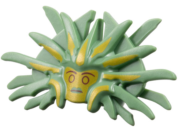 Minifigure, Headgear Mask with 2 Blades and 19 Spikes with Gold Face and Highlights, Dark Red Eyebrows, Eyes and Mouth Pattern - Flexible Rubber