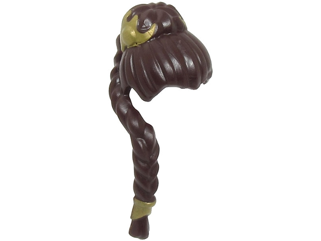 Minifigure, Hair Female Ponytail with Top Knot Bun and Long Thin Braid over Right Shoulder with Gold Hair Clips Pattern - Flexible Rubber