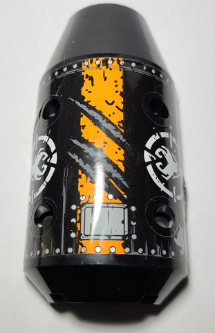 Vehicle, Tipper Drum 3 x 6 x 10 Half with 4 Pin Holes with Claw Scratch Marks, Orange Stripe, Silver Rivets and Ninjago Dragon Hunter Skull Logo Pattern (Sticker) - Set 70654