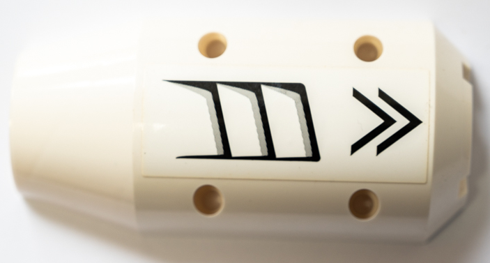 Vehicle, Tipper Drum 3 x 6 x 10 Half with 4 Pin Holes with Black and Light Bluish Gray Air Vents and 2 Chevrons Pattern Model Right Side (Sticker) - Set 42052