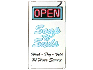 Glass for Window 1 x 4 x 6 with 'OPEN', 'Soap 'n' Suds' and 'Wash - Dry - Fold 24 Hour Service' Sign Pattern